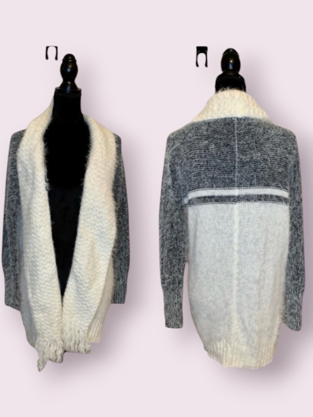 Oceanus Eyelash Knit Long Cardigan Sweater White Gray Fringes Open Front Small